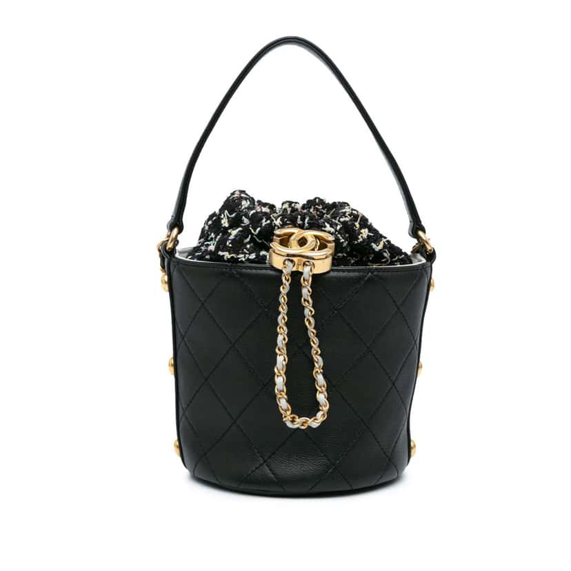 Chanel Small CC Calfskin and Tweed Drawstring Bucket Bag Black Leather Good condition - Front View