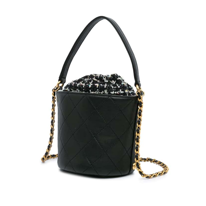 Chanel Small CC Calfskin and Tweed Drawstring Bucket Bag Black Leather Good condition - Back View