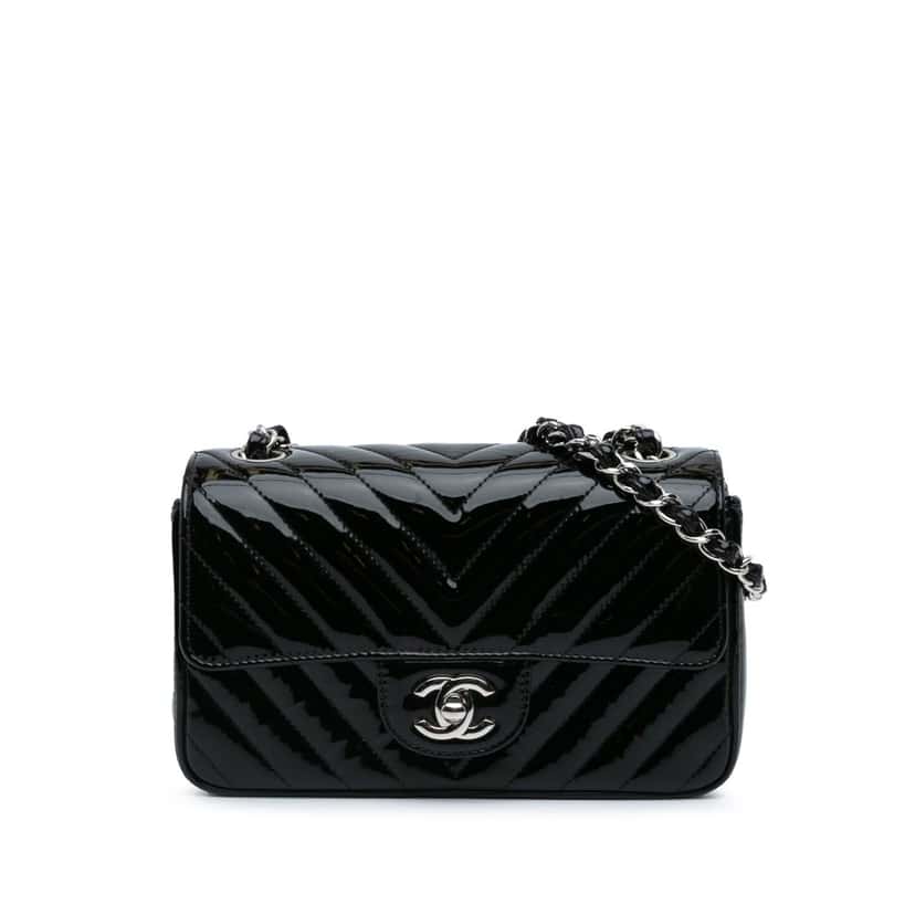 Chanel Mini Rectangular Classic Chevron Patent Single Flap Black Leather Good condition - Front View