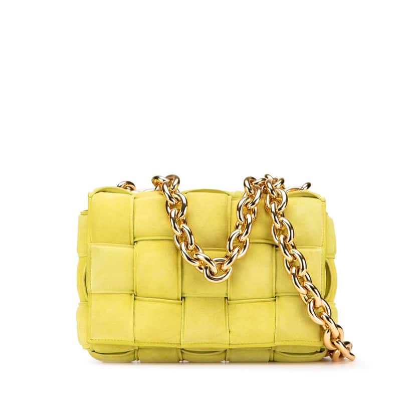 Bottega Veneta Suede Intrecciato Padded Chain Cassette Satchel Yellow Leather Good condition - Front View