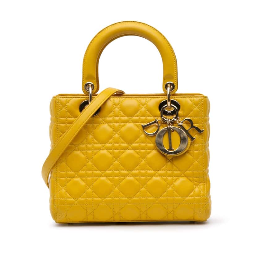 Dior Medium Lambskin Cannage Lady Dior Yellow Leather Good condition - Front View