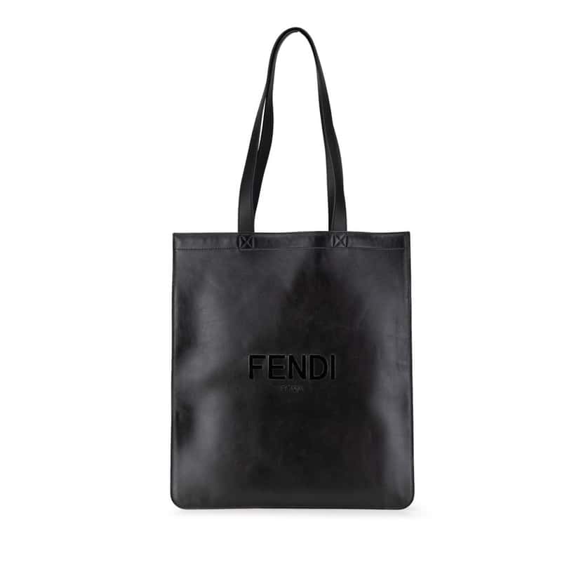 Fendi Embossed Leather Logo Shopper Tote Black Leather Good condition - Front View