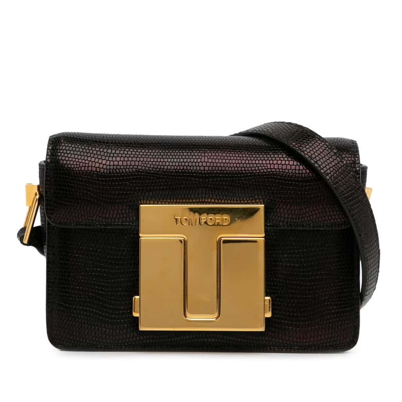 Tom Ford Small T-Clasp Lizard-Embossed Crossbody Bag Black Leather Good condition - Front View