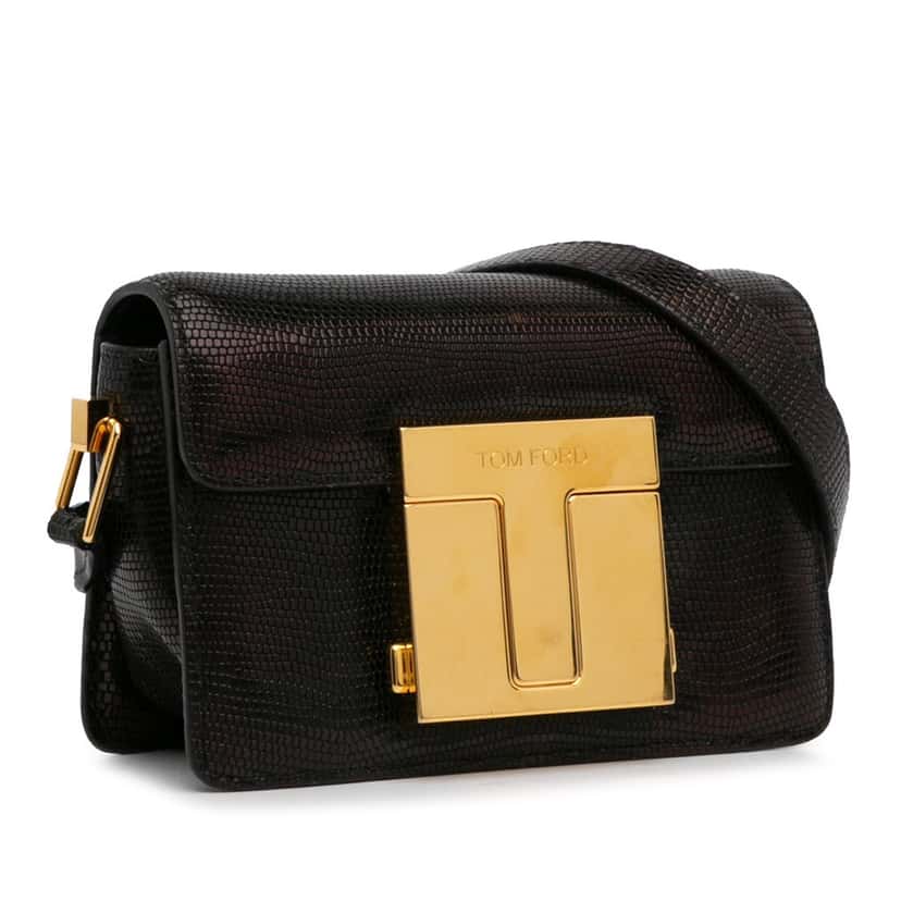 Tom Ford Small T-Clasp Lizard-Embossed Crossbody Bag Black Leather Good condition - Back View