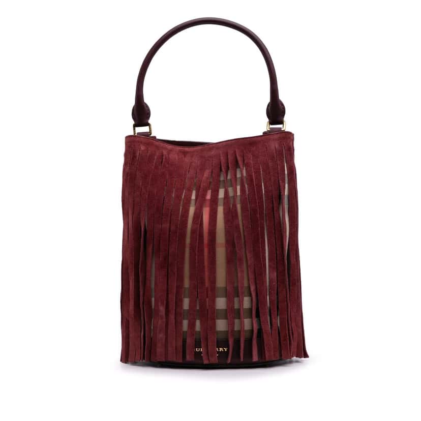 Burberry House Check Canvas and Suede Fringe Bucket Bag Red Canvas Good condition - Front View