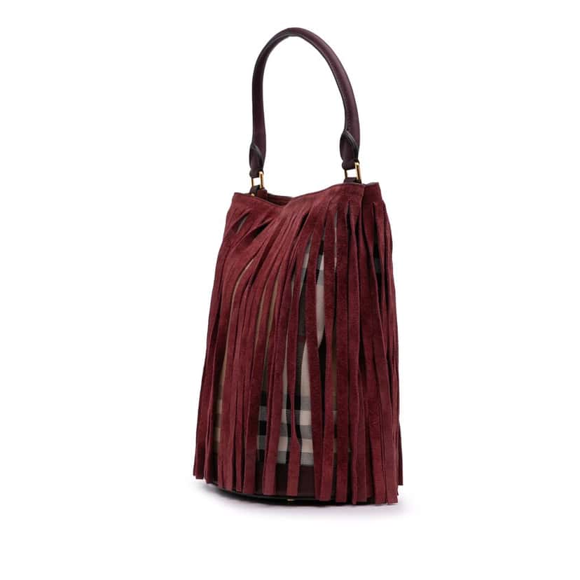 Burberry House Check Canvas and Suede Fringe Bucket Bag Red Canvas Good condition - Back View