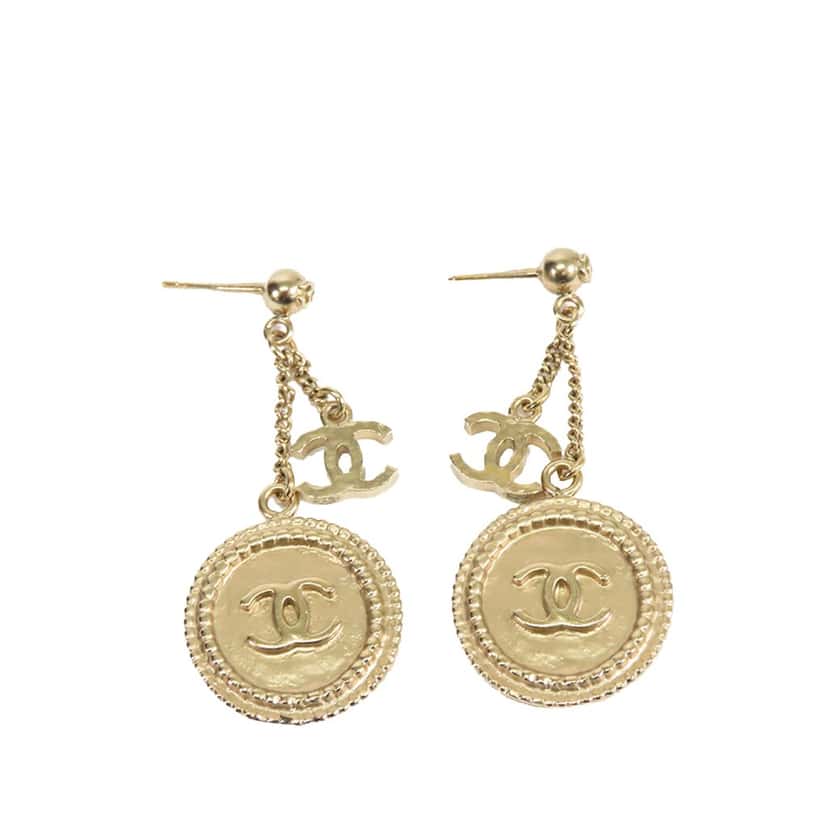 Chanel Gold Plated CC Dangling Push Back Earrings Gold Metal Good condition - Front View