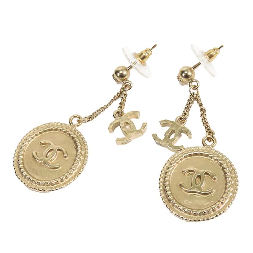 Chanel Gold Plated CC Dangling Push Back Earrings Gold Metal Good condition - Inside View