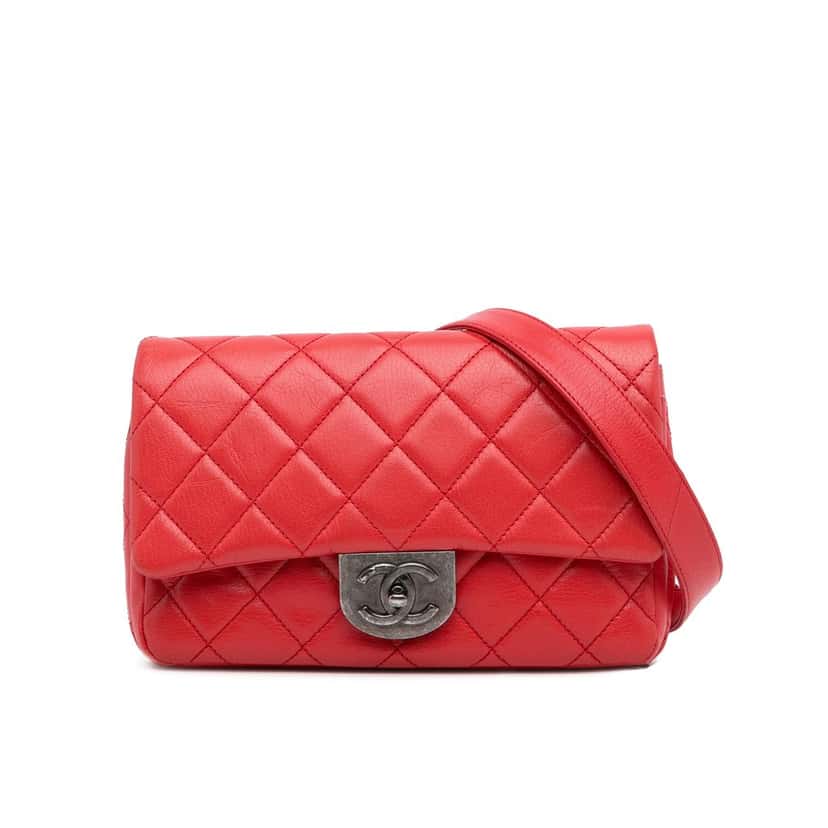 Chanel Small Quilted Goatskin Double Carry Waist Chain Flap Red Leather Good condition - Front View