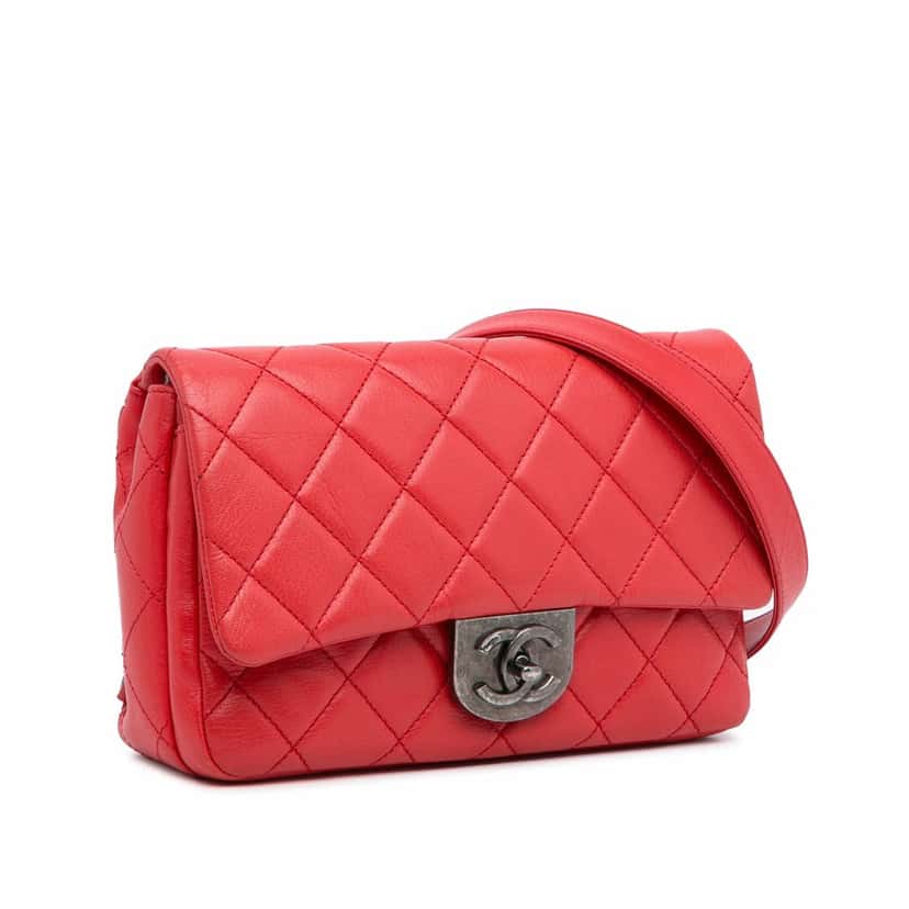 Chanel Small Quilted Goatskin Double Carry Waist Chain Flap Red Leather Good condition - Back View