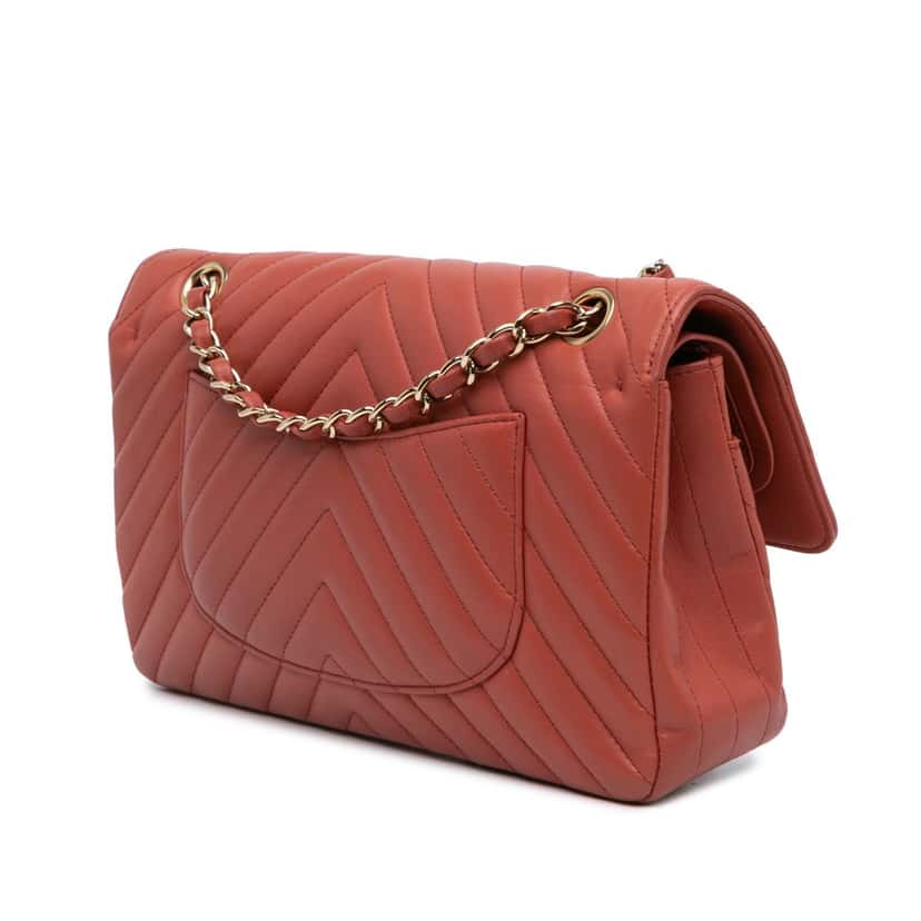 Chanel Medium Classic Chevron Lambskin Double Flap Orange Leather Good condition - Back View