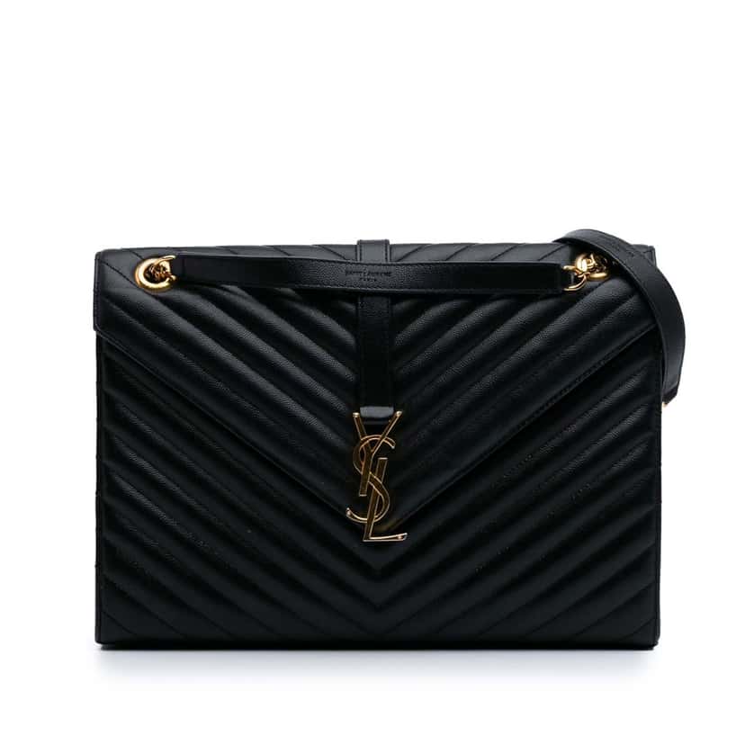 Saint Laurent Large Grain de Poudre Monogram Chevron Envelope Bag Black Leather Good condition - Front View