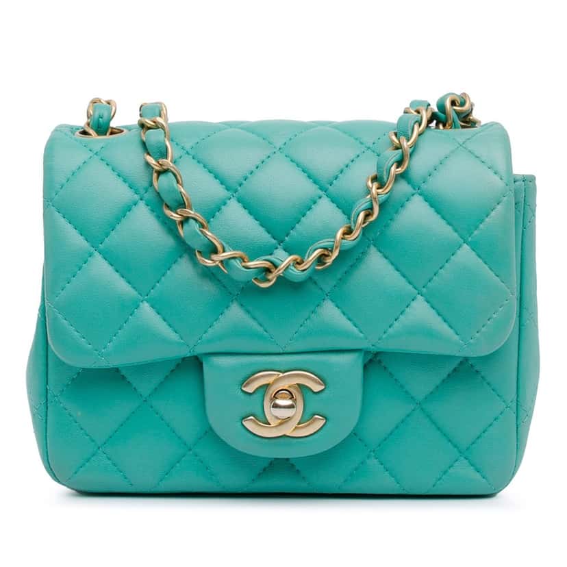 Chanel Mini Square Classic Lambskin Single Flap Green Leather Fair condition - Front View