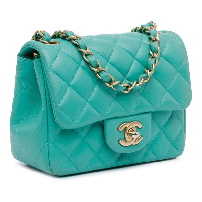 Chanel Mini Square Classic Lambskin Single Flap Green Leather Fair condition - Back View