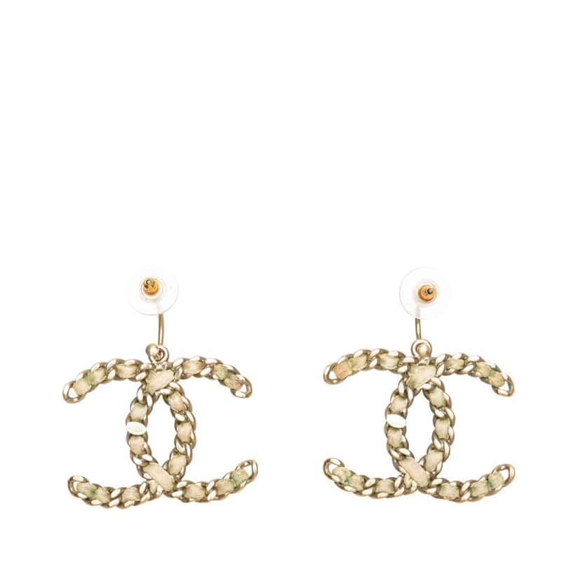 Chanel Gold Plated CC Woven Canvas Push Back Earrings Gold Metal Good condition - Back View