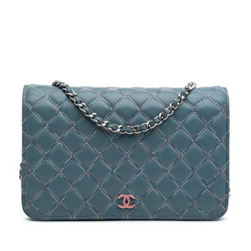 Chanel Quilted Lambskin Double Stitch Wallet On Chain Blue Leather Good condition - Front View