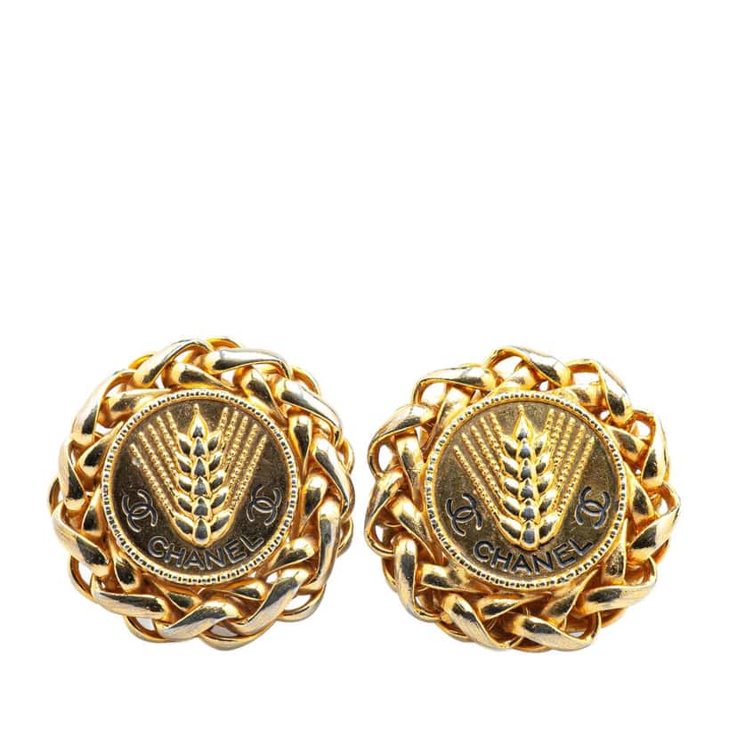 Chanel Gold Plated CC Wheat Medallion Clip On Earrings Gold Metal Good condition - Front View
