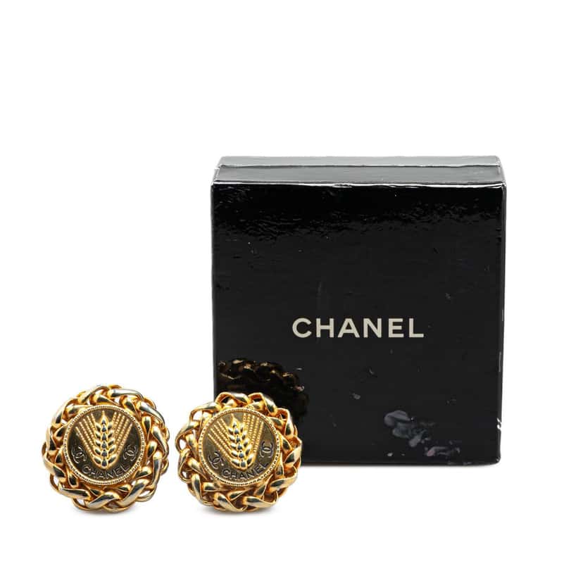 Chanel Gold Plated CC Wheat Medallion Clip On Earrings Gold Metal Good condition - Box View