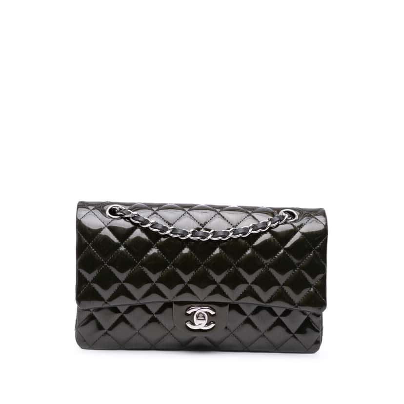 Chanel Medium Classic Striped Patent Double Flap Black Leather Good condition - Front View