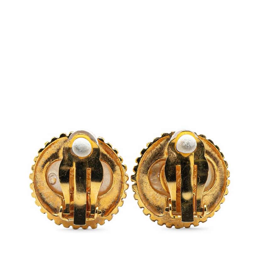 Chanel Gold Plated CC Faux Pearl Clip on Earrings Gold Metal Good condition - Back View