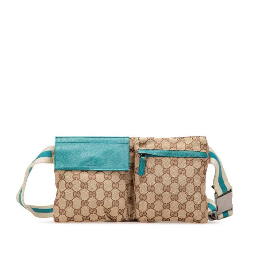 Gucci GG Canvas Web Double Pocket Belt Bag Brown Canvas Good condition - Front View