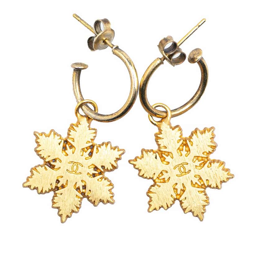 Chanel Gold Plated Snowflakes Hoop Push Back Earrings Gold Metal Good condition - Front View