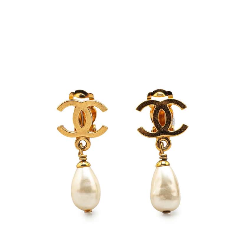 Chanel Gold Plated CC Faux Pearl Drop Clip on Earrings Gold Metal Good condition - Front View