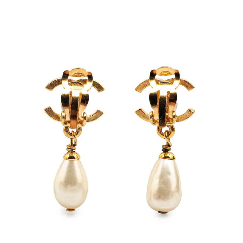 Chanel Gold Plated CC Faux Pearl Drop Clip on Earrings Gold Metal Good condition - Back View