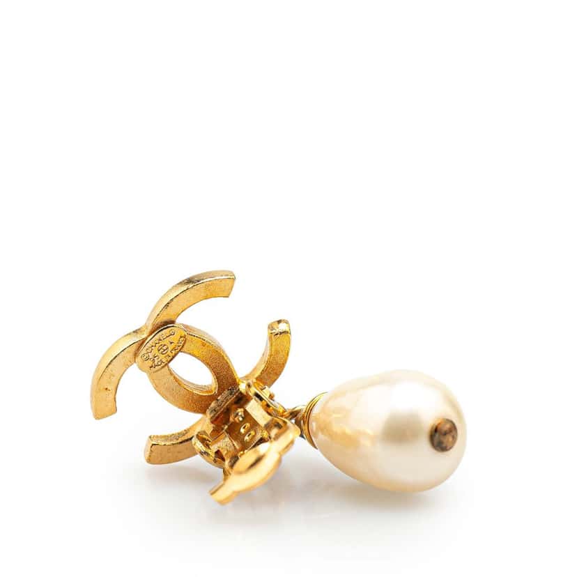 Chanel Gold Plated CC Faux Pearl Drop Clip on Earrings Gold Metal Good condition - Inside View