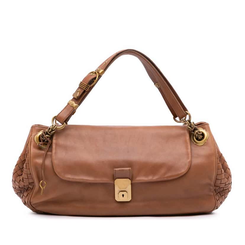 Bottega Veneta Nappa Intrecciato Trimmed Napoli Handbag Brown Leather Good condition - Front View