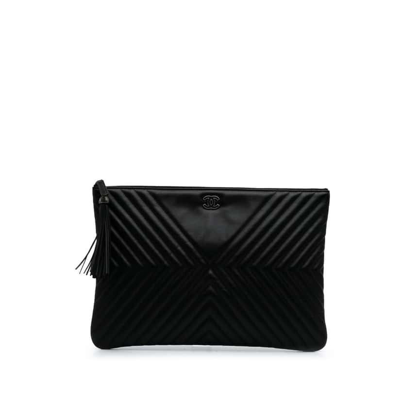 Chanel Large Diagonal Chevron Calfskin Tassel O Case Clutch Black Leather Good condition - Front View