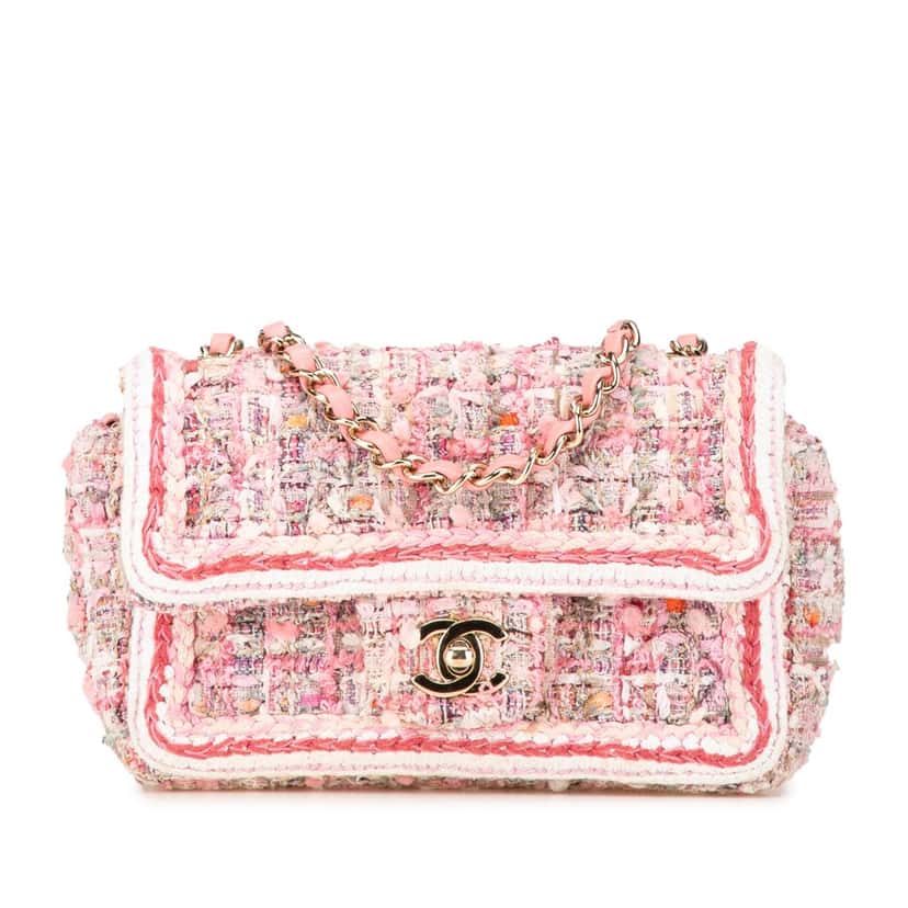 Chanel Mini Rectangular Classic Tweed Braid Flap Pink Tweed Good condition - Front View