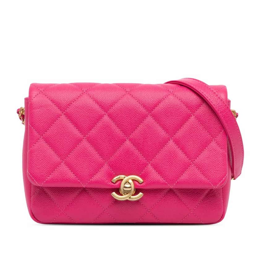 Chanel Small Quilted Caviar Chain Melody Flap Pink Leather Good condition - Front View