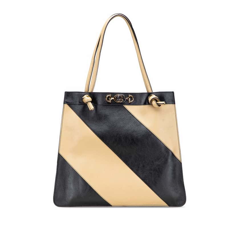 Gucci Smooth Calfskin Diagonal Striped Zumi Tote Black Leather Good condition - Front View