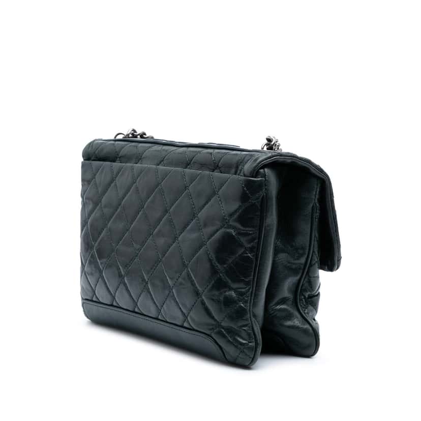 Chanel Quilted Aged Calfskin Logo Accordion Flap Green Leather Good condition - Back View