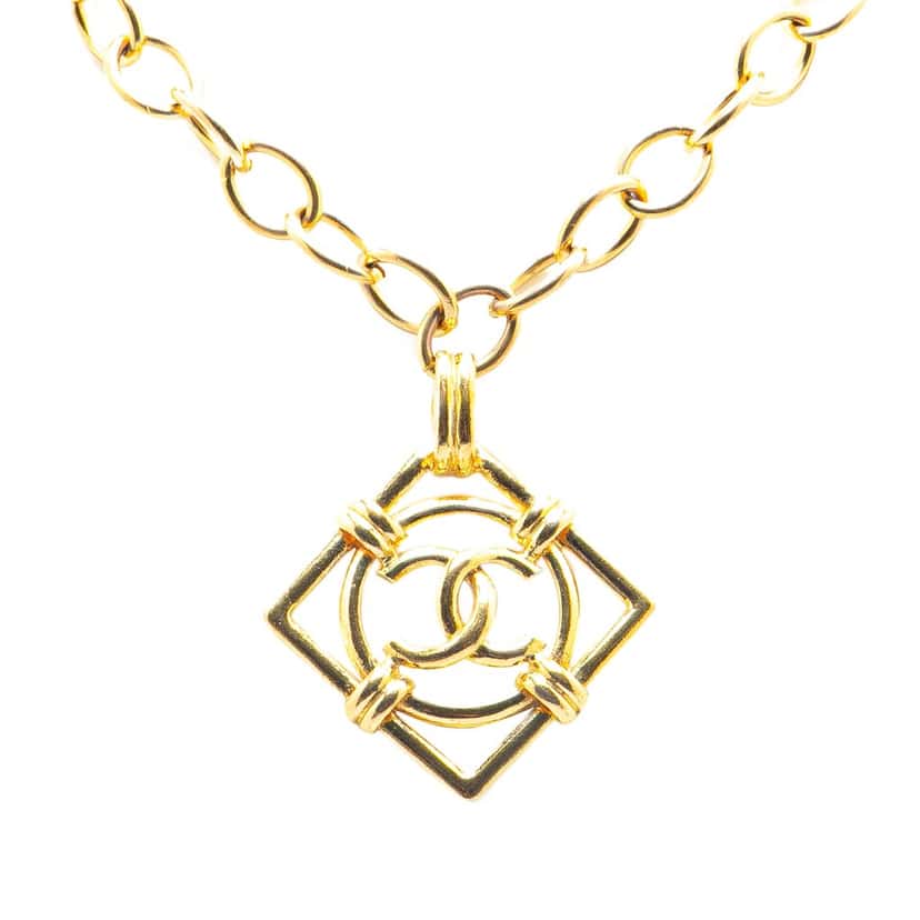 Chanel Gold Plated CC Diamond Shape Pendant Necklace Gold Metal Good condition - Front View