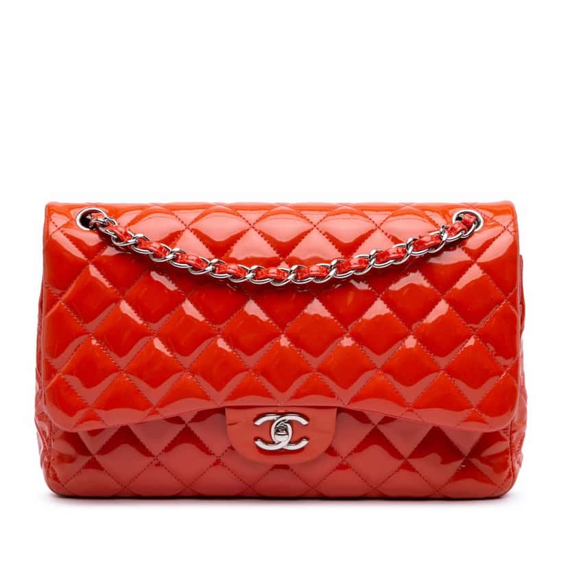Chanel Jumbo Classic Patent Double Flap Orange Leather Fair condition - Front View