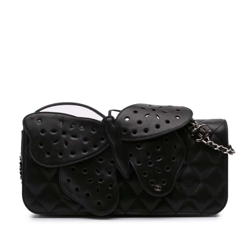 Chanel Quilted Lambskin Butterfly Clutch With Chain Black Leather Good condition - Front View