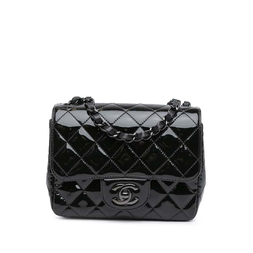 Chanel Mini Square Classic Patent So Black Single Flap Black Leather Good condition - Front View