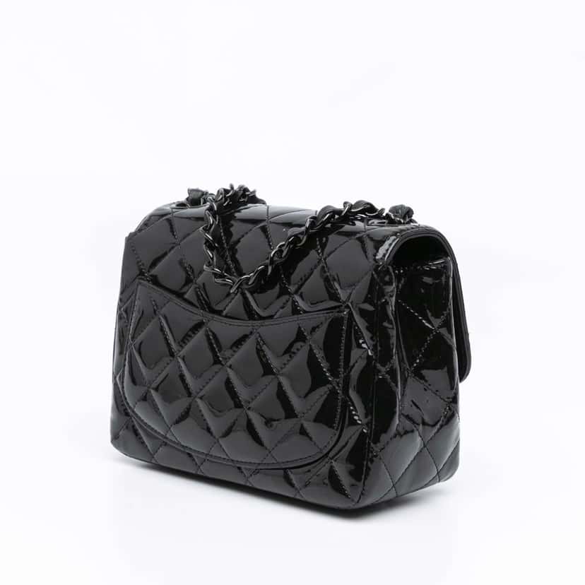 Chanel Mini Square Classic Patent So Black Single Flap Black Leather Good condition - Back View