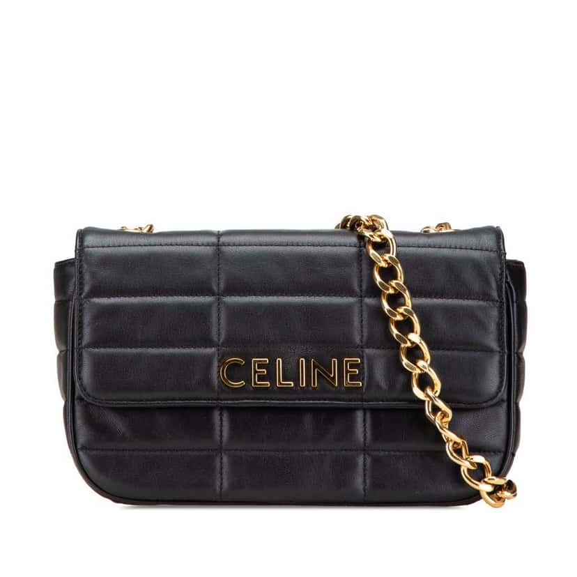 Celine Matelasse Goatskin Monochrome Chain Shoulder Bag Black Leather Good condition - Front View