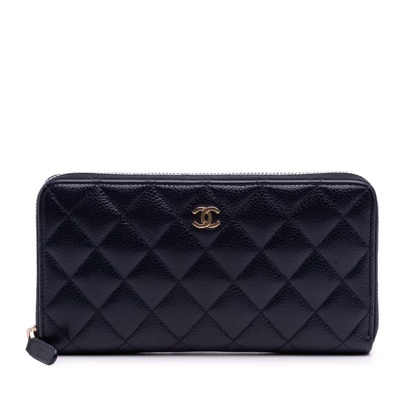 Chanel CC Quilted Caviar Zip Around Long Wallet Blue Leather Good condition - Front View