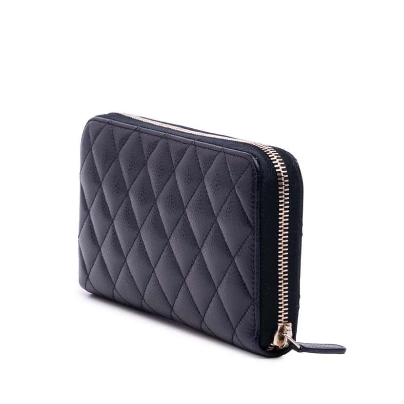 Chanel CC Quilted Caviar Zip Around Long Wallet Blue Leather Good condition - Back View