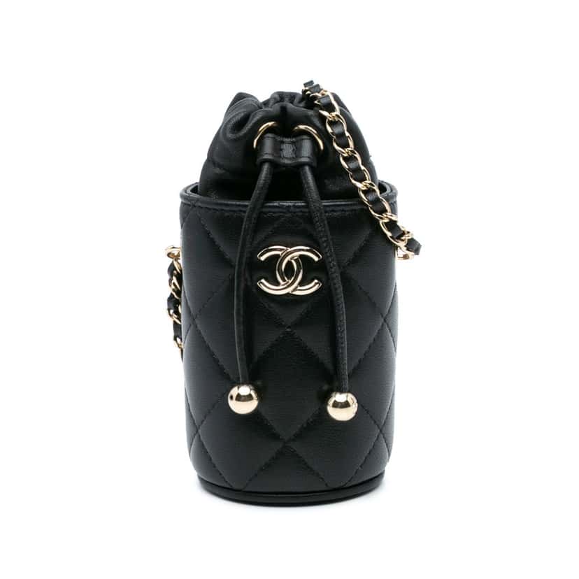Chanel Micro Quilted Lambskin Drawstring Bucket Bag Black Leather Good condition - Front View