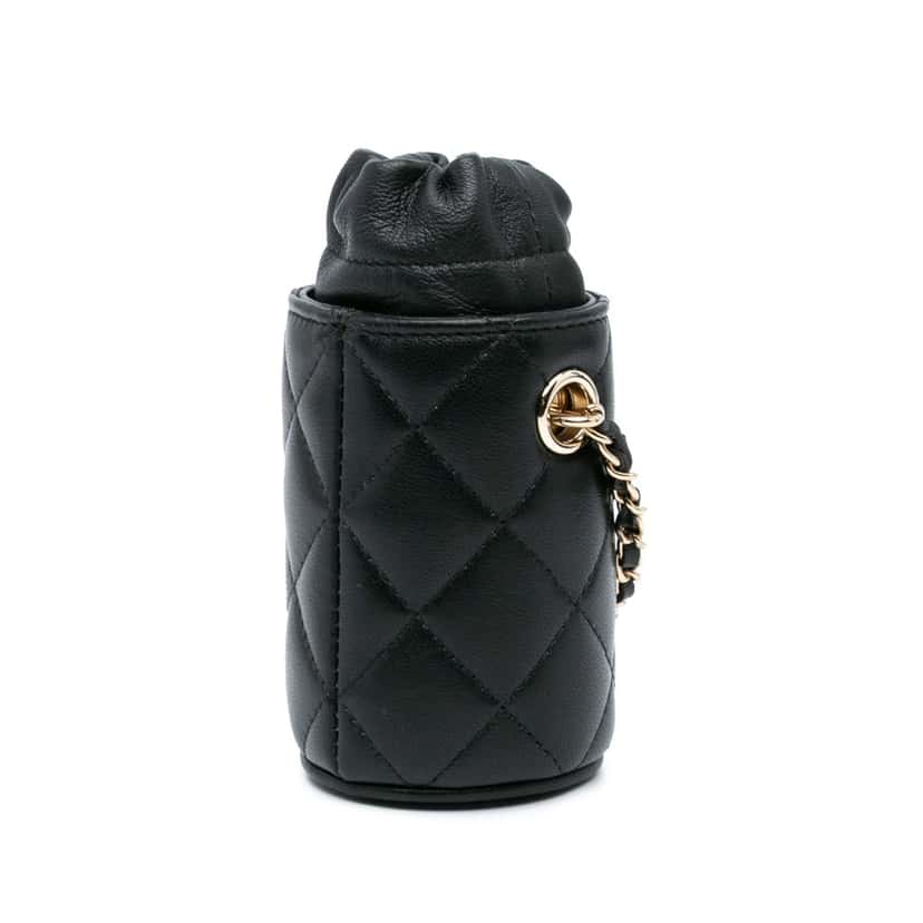 Chanel Micro Quilted Lambskin Drawstring Bucket Bag Black Leather Good condition - Back View