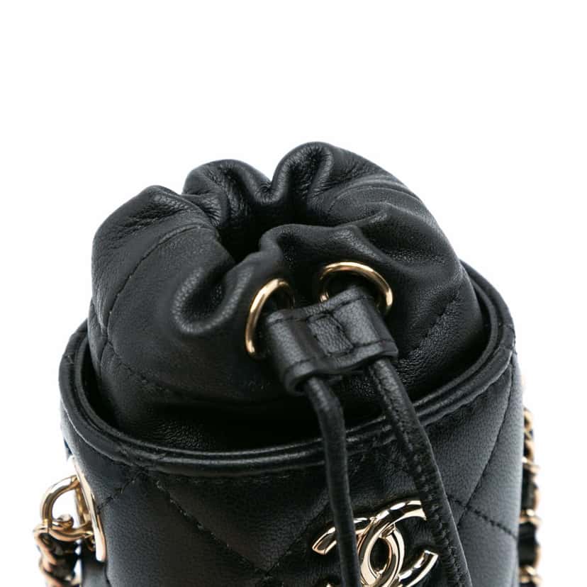 Chanel Micro Quilted Lambskin Drawstring Bucket Bag Black Leather Good condition - Box View