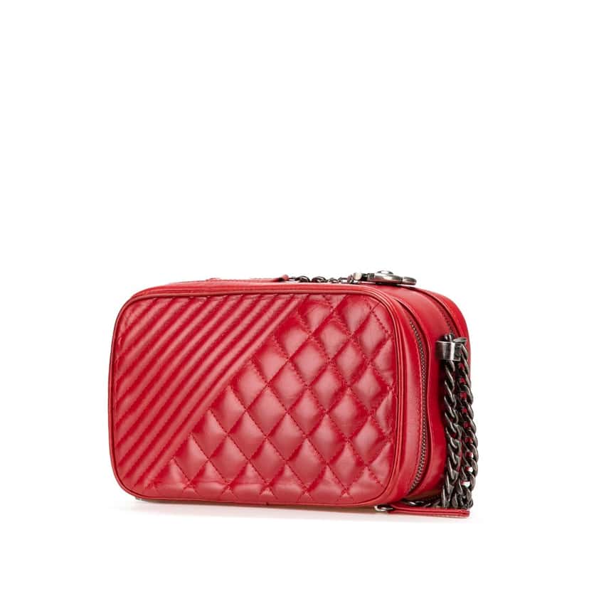 Chanel Small Quilted Glazed Calfskin Coco Boy Camera Bag Red Leather Very good condition - Back View