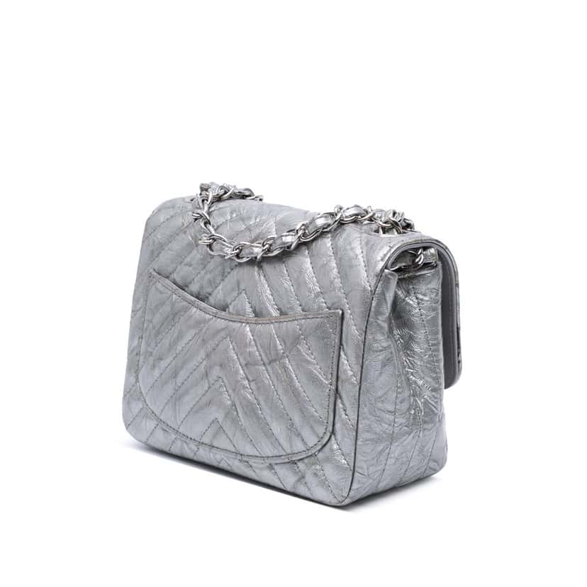 Chanel Mini Square Classic Chevron Metallic Crumpled Patent Single Flap Silver Leather Good condition - Back View