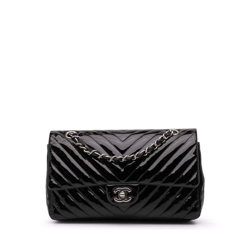 Chanel Medium Classic Chevron Patent Double Flap Black Leather Good condition - Front View