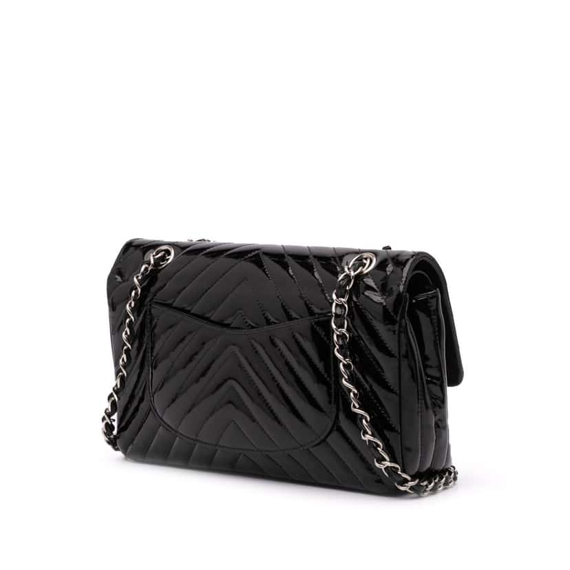 Chanel Medium Classic Chevron Patent Double Flap Black Leather Good condition - Back View